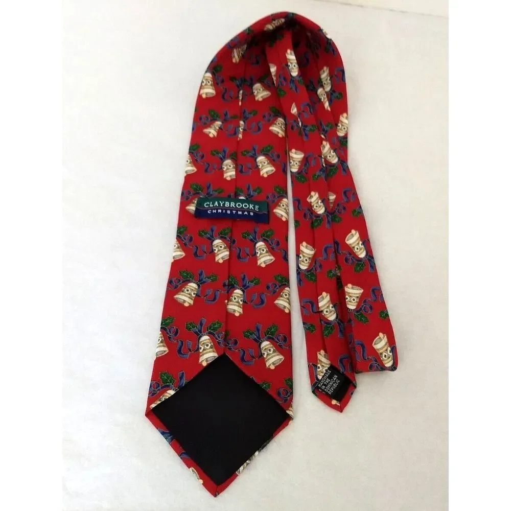 CLAYBROOKE 100% Silk‎ Red Neck Tie Christmas Collection Handmade Bells & Ribbon